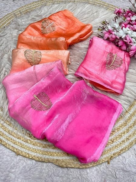 Compact Pink Orange Designer Space Silk Saree with Beads Work for Party Wear Bollywood Fancy Sarees Wholesale