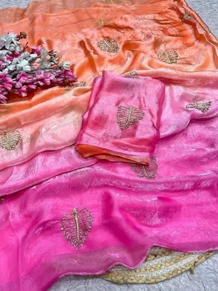 Compact Pink Orange Designer Space Silk Saree with Beads Work for Party Wear Bollywood Fancy Sarees Wholesale