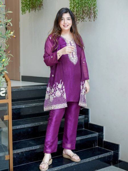 Compact Purple Designer Chinnon Silk Kurti Palazzo Set with Beads Embellishment Kurtis