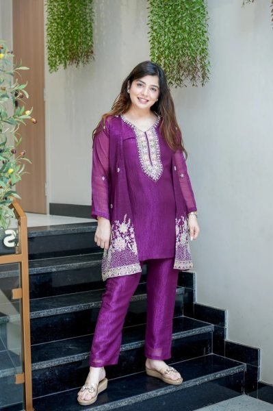 Compact Purple Designer Chinnon Silk Kurti Palazzo Set with Beads Embellishment CO ORD Sets