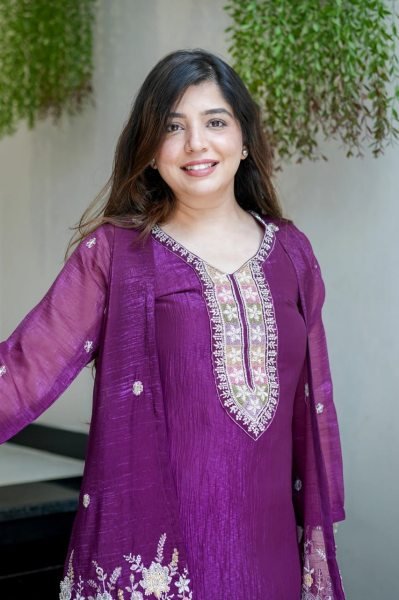 Compact Purple Designer Chinnon Silk Kurti Palazzo Set with Beads Embellishment CO ORD Sets