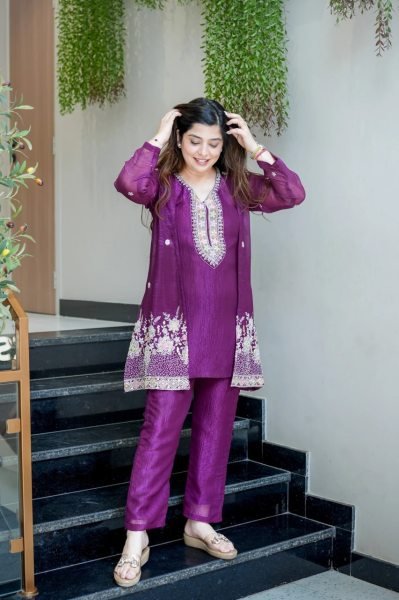 Compact Purple Designer Chinnon Silk Kurti Palazzo Set with Beads Embellishment CO ORD Sets