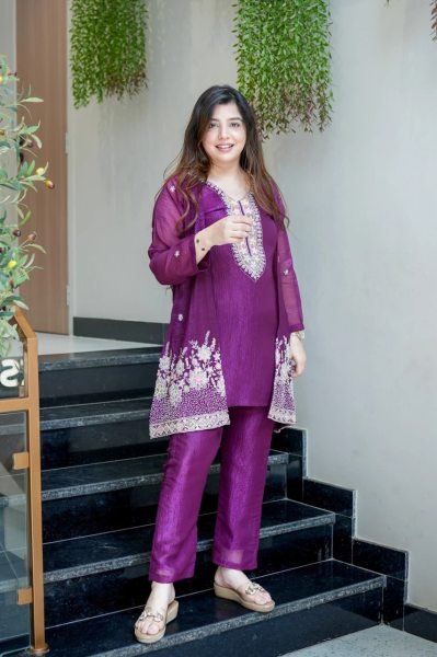Compact Purple Designer Chinnon Silk Kurti Palazzo Set with Beads Embellishment CO ORD Sets