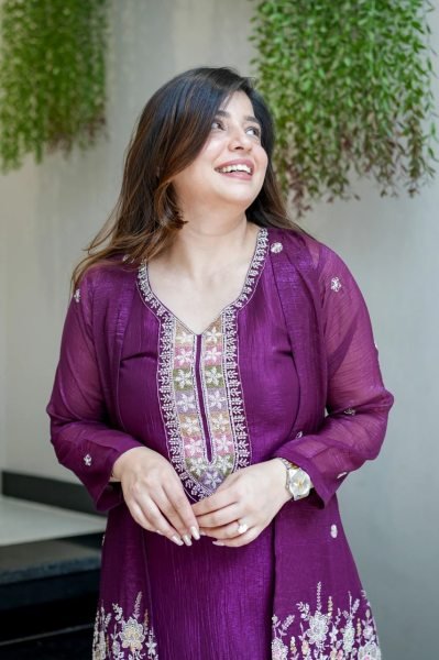 Compact Purple Designer Chinnon Silk Kurti Palazzo Set with Beads Embellishment CO ORD Sets