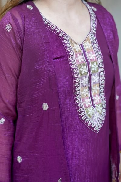 Compact Purple Designer Chinnon Silk Kurti Palazzo Set with Beads Embellishment CO ORD Sets