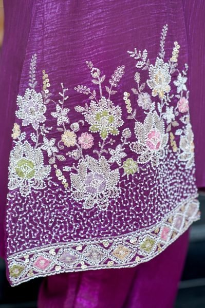 Compact Purple Designer Chinnon Silk Kurti Palazzo Set with Beads Embellishment CO ORD Sets