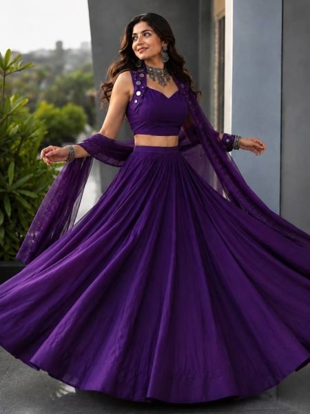 Compact Purple Designer Cotton Lehenga Choli with Mirror Work Blouse and Georgette Dupatta 