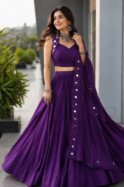 Compact Purple Designer Cotton Lehenga Choli with Mirror Work Blouse and Georgette Dupatta Navratri Lehnega Choli