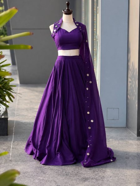 Compact Purple Designer Cotton Lehenga Choli with Mirror Work Blouse and Georgette Dupatta Navratri Lehnega Choli