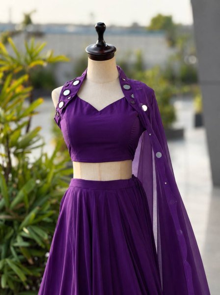 Compact Purple Designer Cotton Lehenga Choli with Mirror Work Blouse and Georgette Dupatta Navratri Lehnega Choli