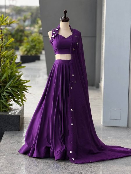 Compact Purple Designer Cotton Lehenga Choli with Mirror Work Blouse and Georgette Dupatta Navratri Lehnega Choli