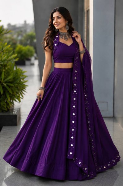 Compact Purple Designer Cotton Lehenga Choli with Mirror Work Blouse and Georgette Dupatta Navratri Lehnega Choli