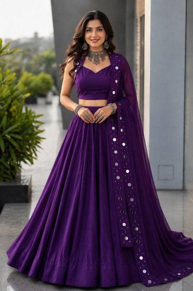 Compact Purple Designer Cotton Lehenga Choli with Mirror Work Blouse and Georgette Dupatta Navratri Lehnega Choli