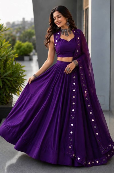 Compact Purple Designer Cotton Lehenga Choli with Mirror Work Blouse and Georgette Dupatta Navratri Lehnega Choli