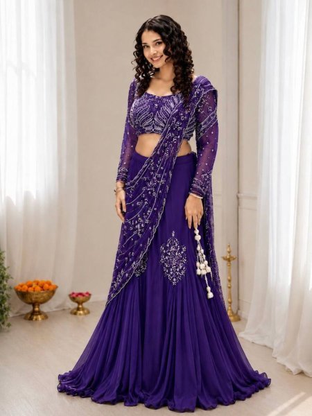 Compact Purple Party Wear Chinon Silk Lehenga with Embroidered Blouse for Women 