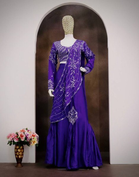 Compact Purple Party Wear Chinon Silk Lehenga with Embroidered Blouse for Women Ready To Wear Saree 