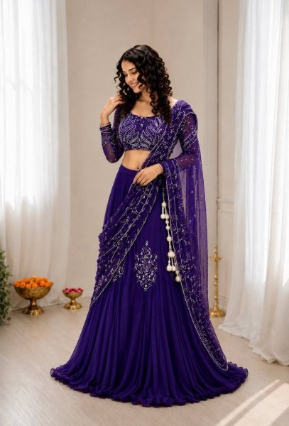 Compact Purple Party Wear Chinon Silk Lehenga with Embroidered Blouse for Women Ready To Wear Saree 