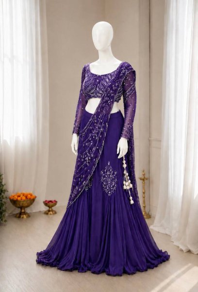 Compact Purple Party Wear Chinon Silk Lehenga with Embroidered Blouse for Women Ready To Wear Saree 