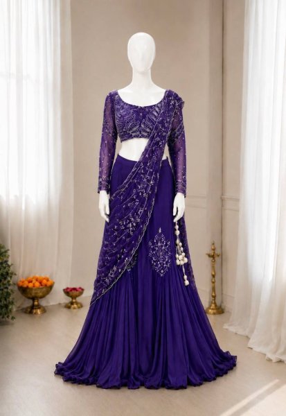 Compact Purple Party Wear Chinon Silk Lehenga with Embroidered Blouse for Women Ready To Wear Saree 