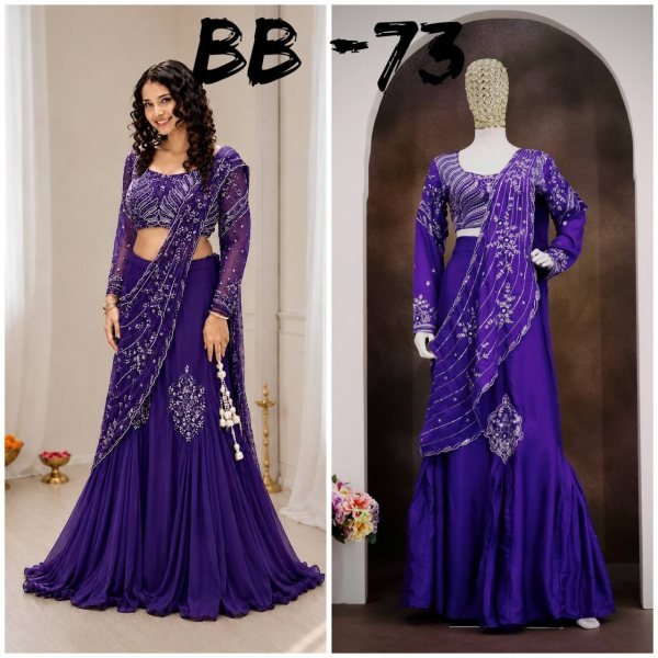 Compact Purple Party Wear Chinon Silk Lehenga with Embroidered Blouse for Women Ready To Wear Saree 