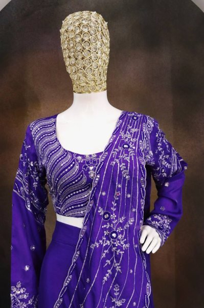 Compact Purple Party Wear Chinon Silk Lehenga with Embroidered Blouse for Women Ready To Wear Saree 