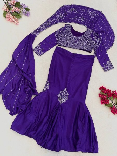 Compact Purple Party Wear Chinon Silk Lehenga with Embroidered Blouse for Women Ready To Wear Saree 