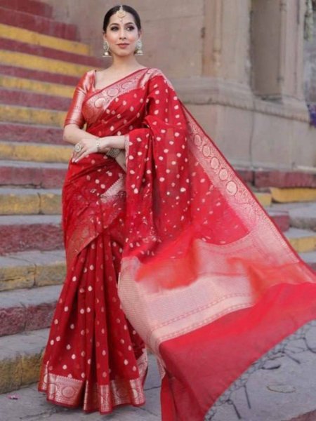 Compact Red Elegant Lichi Silk Saree with All Over Jacquard Design for Festive Wear Sarees 