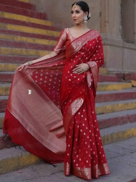 Compact Red Elegant Lichi Silk Saree with All Over Jacquard Design for Festive Wear Silk Sarees Wholesale