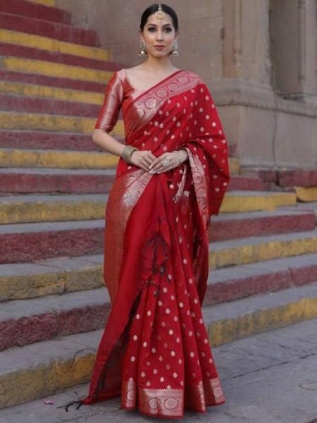 Compact Red Elegant Lichi Silk Saree with All Over Jacquard Design for Festive Wear Silk Sarees Wholesale