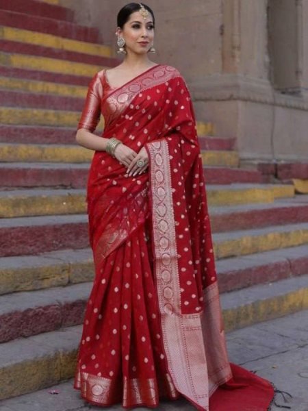 Compact Red Elegant Lichi Silk Saree with All Over Jacquard Design for Festive Wear Silk Sarees Wholesale