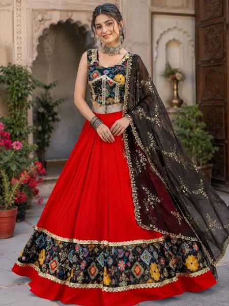Compact Red Pure Cotton Navratri Lehenga Choli with Real Mirror Work at Wholesale Rate Shop by Occasion