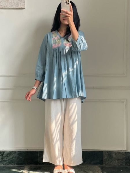 Compact Sky Blue Designer Pure Cotton Kurti Palazzo Set with Embroidery Work for Daily Wear 