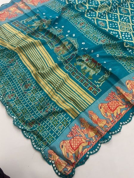 Compact Sky Blue Traditional Bandhani Saree in Moss Chiffon Fabric For Festival Collection 