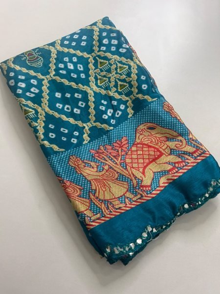 Compact Sky Blue Traditional Bandhani Saree in Moss Chiffon Fabric For Festival Collection Pure Chiffon Sarees Wholesale