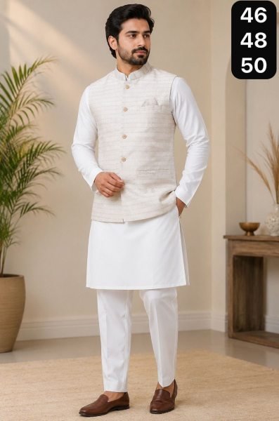Compact White Boutique Collection Men's Silk Kurta Pajama and Nehru Jacket Set Kurta Pajama Wholesale