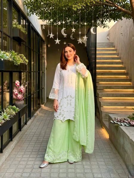 Compact White Green Faux Georgette Palazzo Suit with Heavy Embroidery Sequence Work Ready To Wear Suit