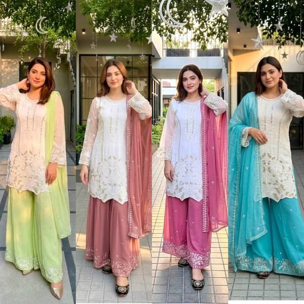 Compact White Green Faux Georgette Palazzo Suit with Heavy Embroidery Sequence Work Ready To Wear Collection