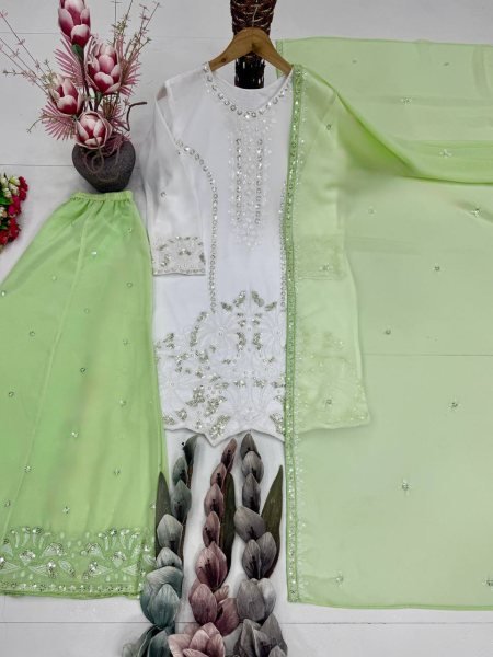 Compact White Green Faux Georgette Palazzo Suit with Heavy Embroidery Sequence Work Ready To Wear Collection