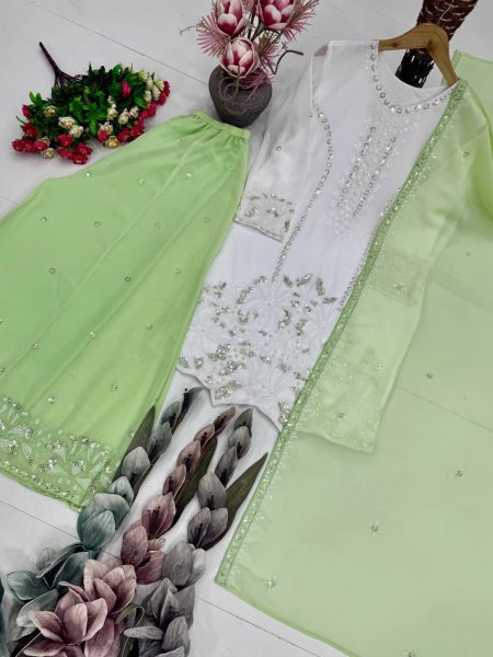 Compact White Green Faux Georgette Palazzo Suit with Heavy Embroidery Sequence Work Ready To Wear Collection