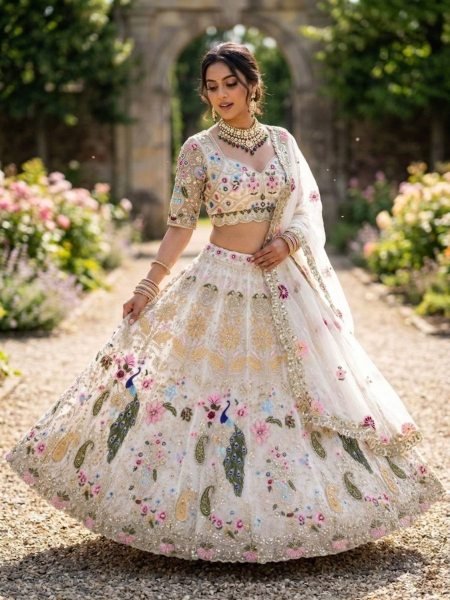 Compact White Semi Stitched Organza Lehenga with Heavy Cut Work at Manufacturer Price  Lehenga