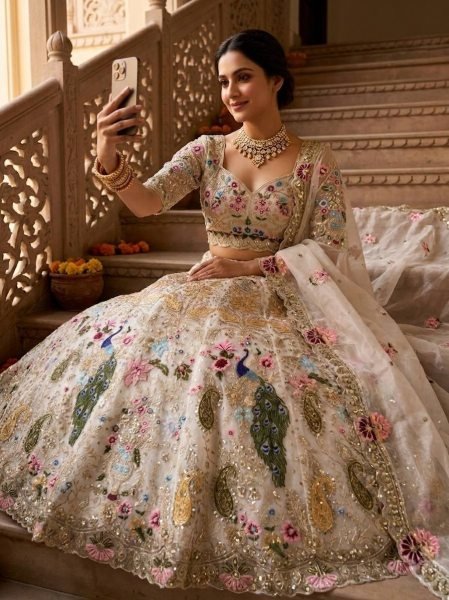 Compact White Semi Stitched Organza Lehenga with Heavy Cut Work at Manufacturer Price Bridal Lehenga Choli