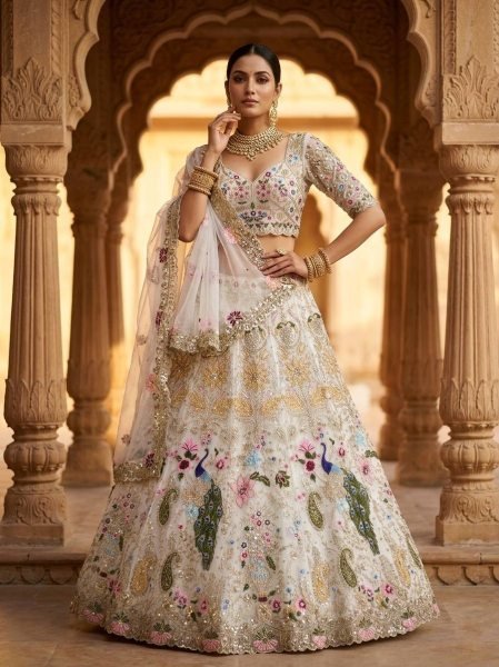 Compact White Semi Stitched Organza Lehenga with Heavy Cut Work at Manufacturer Price Bridal Lehenga Choli