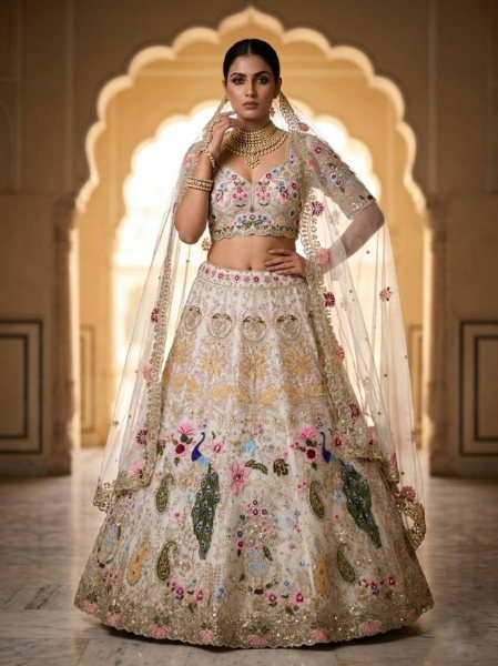 Compact White Semi Stitched Organza Lehenga with Heavy Cut Work at Manufacturer Price Bridal Lehenga Choli