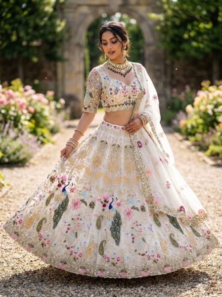 Compact White Semi Stitched Organza Lehenga with Heavy Cut Work at Manufacturer Price Bridal Lehenga Choli