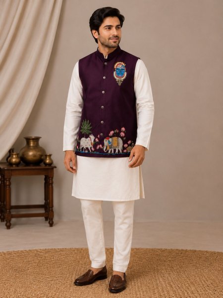 Compact Wine Boutique Style Malai Satin Koti Kurta Set with Premium Designer Finish Mens Wear