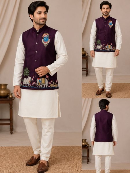 Compact Wine Boutique Style Malai Satin Koti Kurta Set with Premium Designer Finish Kurta Pajama Wholesale