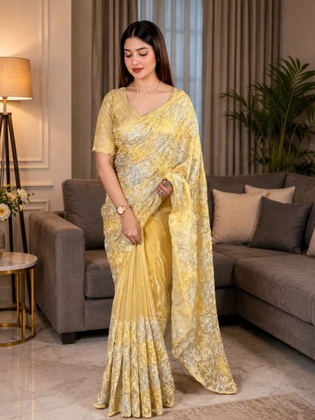 Compact Yellow Festive Wear Chanda Silk Saree with Turkish Style Embroidery Work 