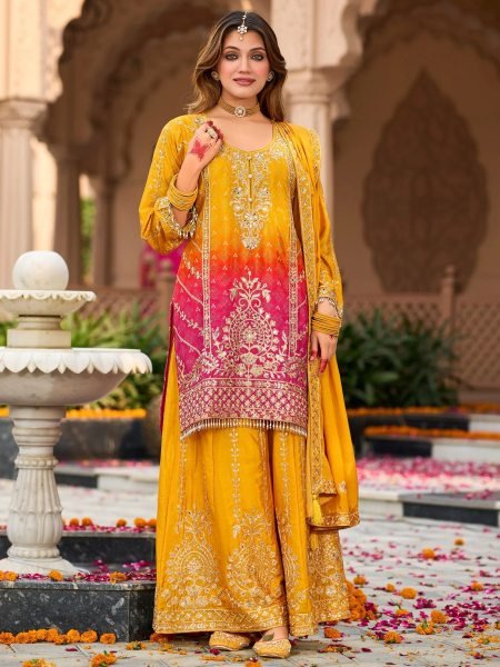 Compact Yellow Heavy Chinon Three Piece Suit Set with Embroidered Front and Back Palazzo 