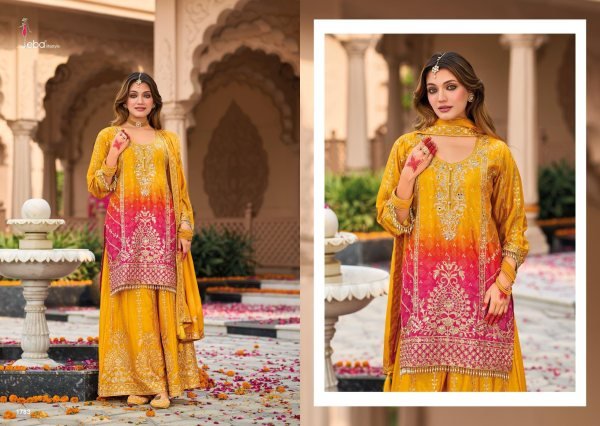 Compact Yellow Heavy Chinon Three Piece Suit Set with Embroidered Front and Back Palazzo Designer Plazzo Salwar Suits Wholesale