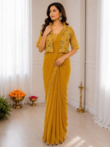 Compact Yellow Ready to Wear Saree with Embroidered Koti for Festive Functions 